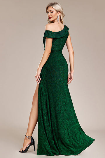 Vestido de fiesta largo de un hombro de sirena verde oscuro con purpurina con abertura
